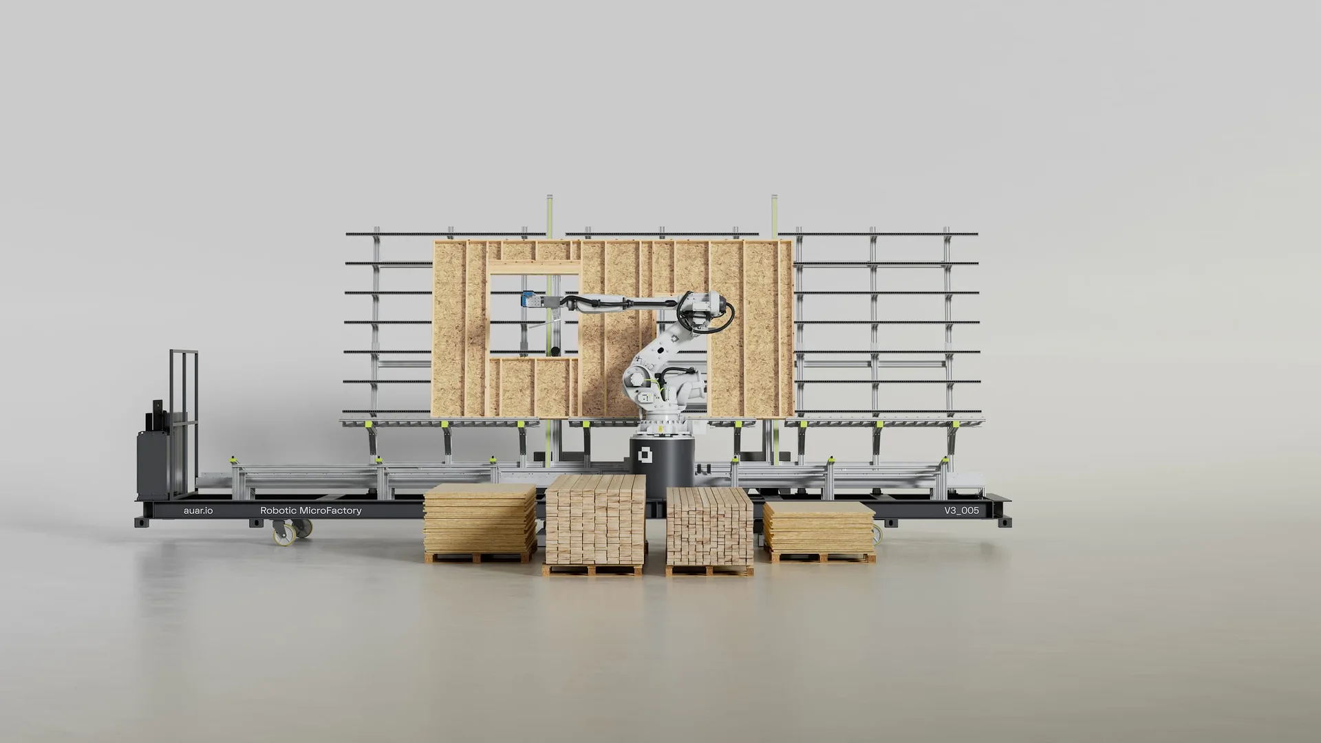 AUAR MicroFactory 3D render, real-world scale reference with containers and timber