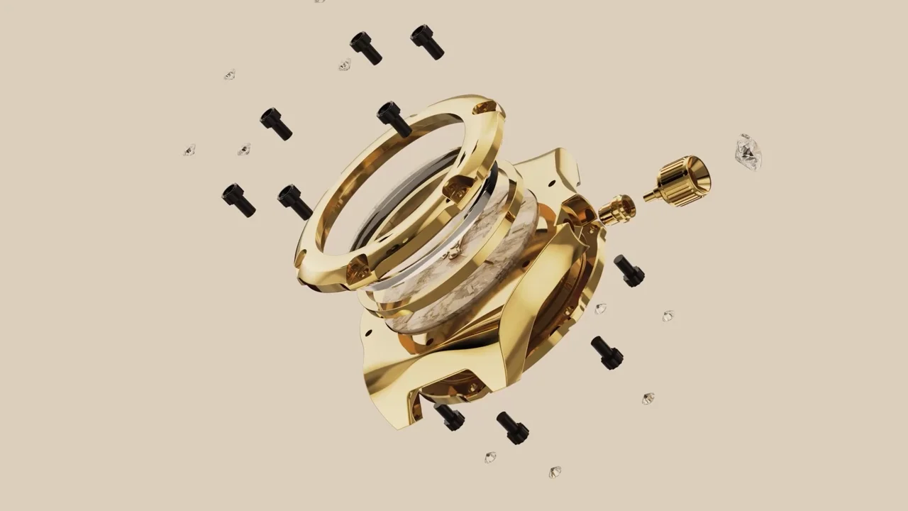 Baresi and Caine Stella Luce watch in an exploded CGI view showing the gold case and separated components