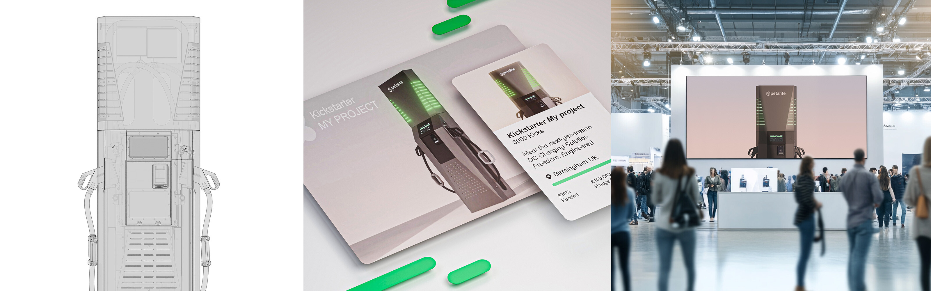 XO3D use cases across the product lifecycle: pre-manufacture CAD visualisation, a crowdfunding campaign page, and a trade show display